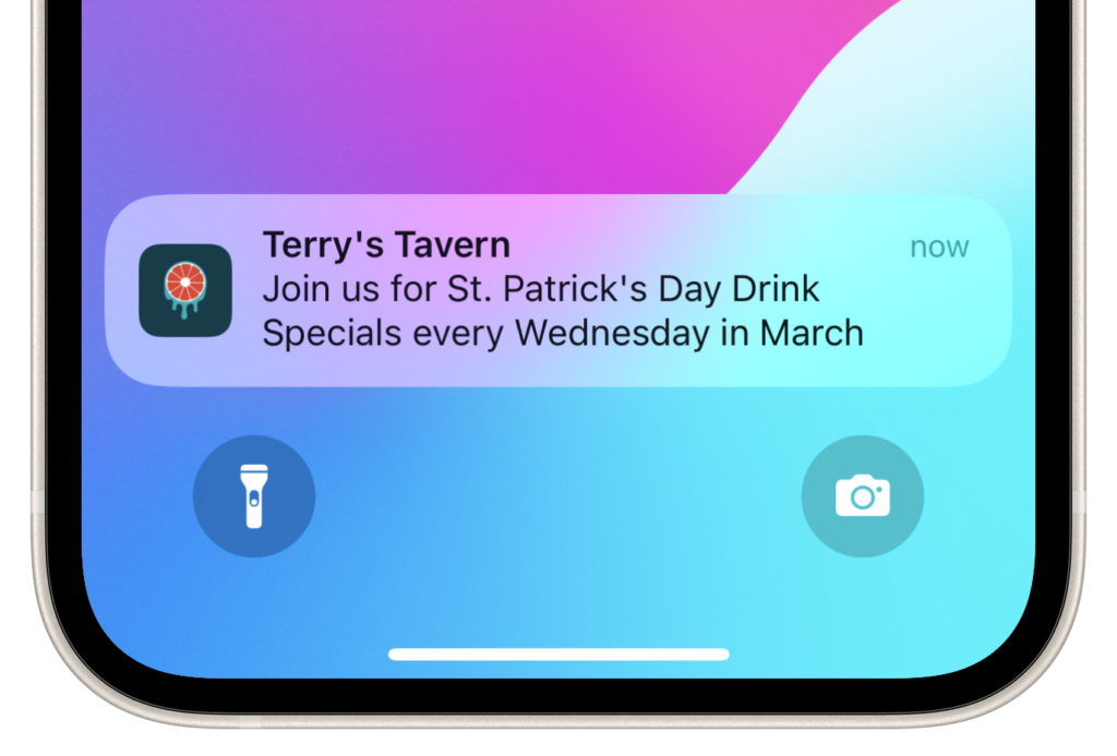 A phone push notification from Lose the Juice that reads: "Terry's Tavern. Join us for St. Patrick's Day Drink Specials every Wednesday in March.
